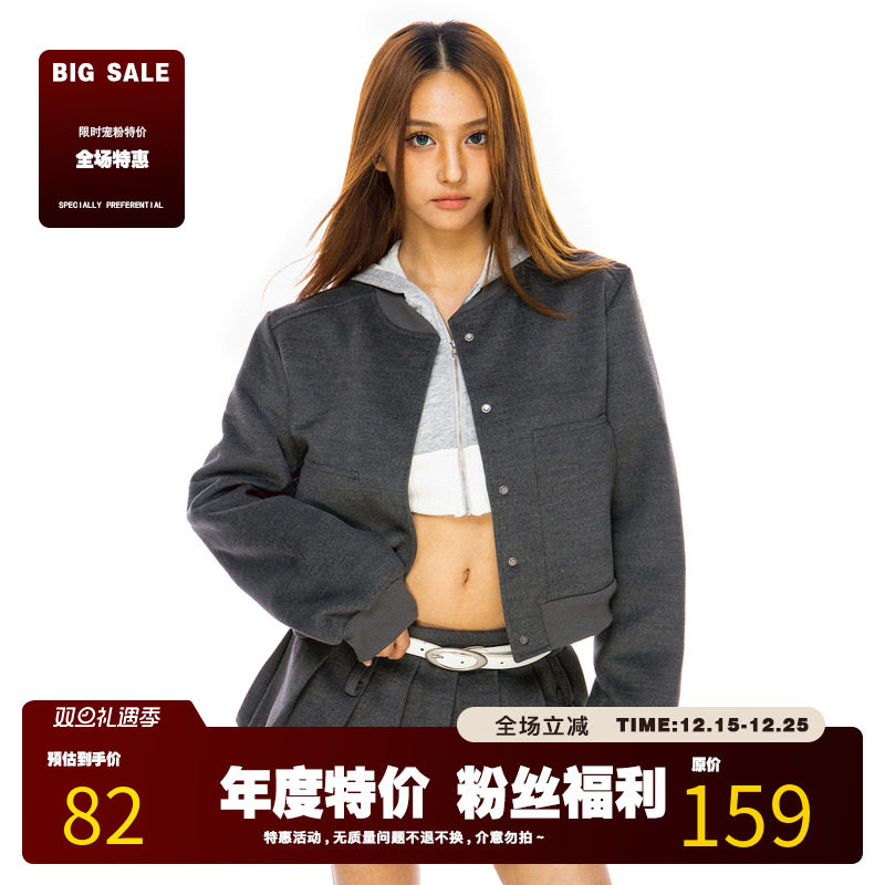 FILIRILI美式复古短款棒球服外套百褶裙裤毛呢套装两件套套装