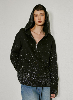 希凯驰25秋卫衣女黑色连帽渐变烫钻31627Q1W01外套