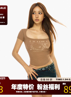 FILIRILI美式复古设计感印花短袖针织衫女方领夏季新款修身上衣