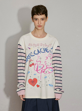 希凯驰25秋T恤女拼接童趣印花条纹袖31627Q1T1002