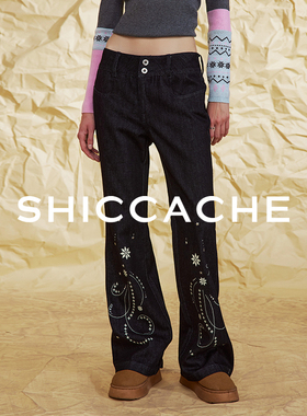 希凯驰25冬设计师款低腰喇叭牛仔裤复古做旧印花133128N037
