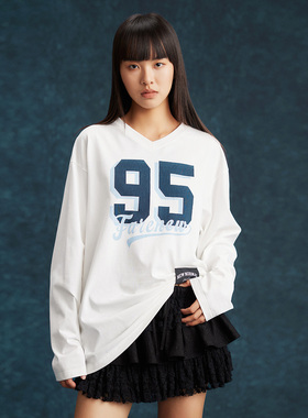 Farenew26春长袖T恤女解构V领不对称织唛渐变印花31827Q1T1002