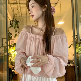 速发20a24春季新款泡泡袖一字肩吊带洋气设计感露肩长袖雪纺衬衫