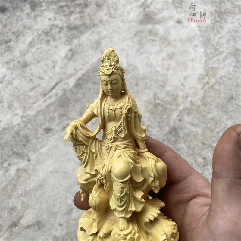 黄杨木雕家用水月自在观音佛像菩萨家居供奉摆件送子观世音保平安