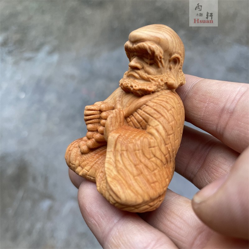崖柏木雕刻袈裟达摩祖师手把件男随身把玩实木摆件中式佛像工艺品