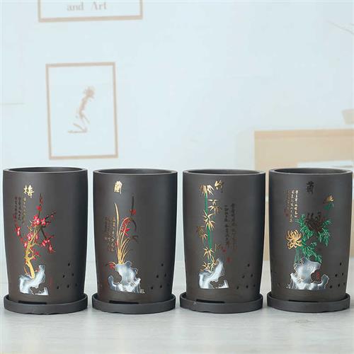 中国风透气陶瓷紫砂花盆大尺码2023新款大号梅兰竹菊兰花专用盆托