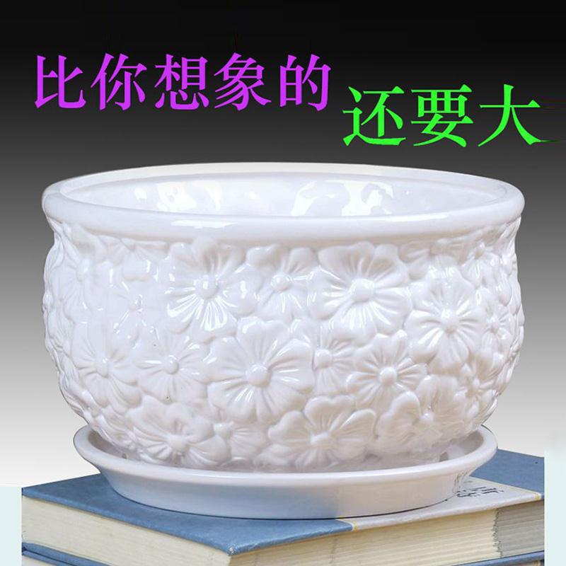 极速白色花盆陶瓷 特大号个性圆形时尚花器 简约创意多肉绿植种树