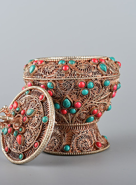 尼泊尔手工掐丝米罐藏传用品佛镶嵌宝石宝瓶佛堂用品供具米罐