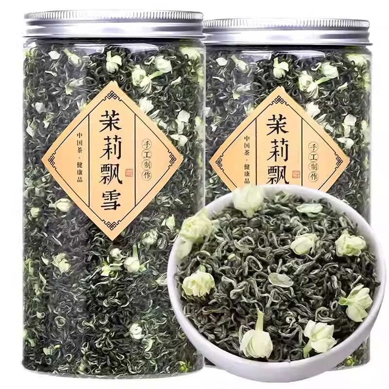 2024年新茶叶茉莉飘雪浓香茉莉花茶绿茶碧螺春散装500g罐装造佰草