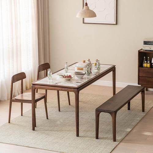 北美黑胡桃木餐桌现代简约轻奢家用岩板餐桌全实木饭桌长方形桌子