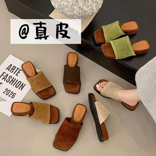 4cm【真皮版大牌同款】厚底坡跟一字拖时尚凉拖鞋11