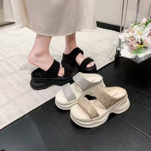 5cm【浅金碎钻】配裙子厚底增高拖鞋绝美水钻一字拖28