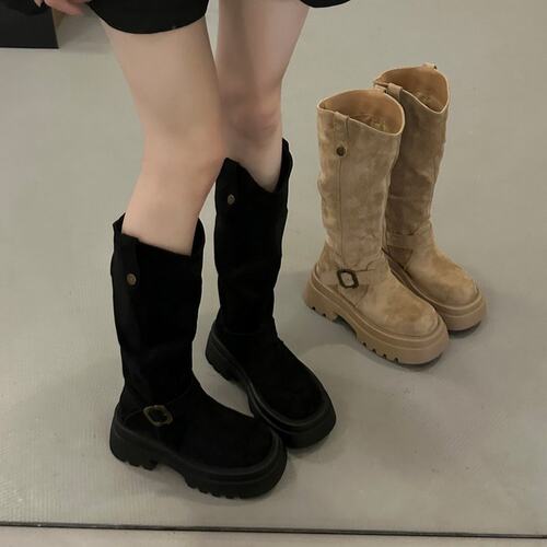 7cm【柔雾】美拉德长筒靴小个子厚底高筒骑士靴西部牛仔靴05