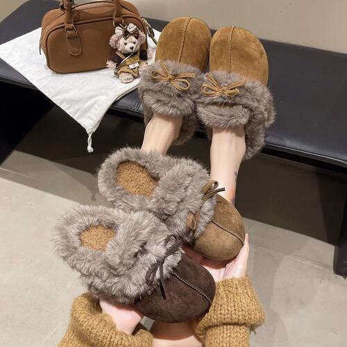 5cm【绒绒兔拖】美拉德蝴蝶结包头软底加绒一脚蹬毛毛雪地靴69