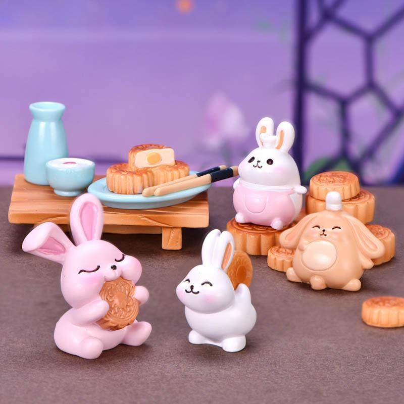 促销中秋节小摆件迷你月饼树脂可爱兔子瓶子杯子桌子创意手工摆设