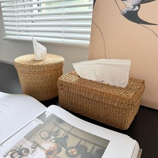 日系简约家用民宿复古自然风桌面纸巾收纳盒 黄草手工编织抽纸盒