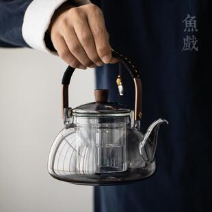 提梁壶电陶炉套装 鱼戏耐热玻璃蒸煮茶壶复古家用泡茶壶烧水壶日式