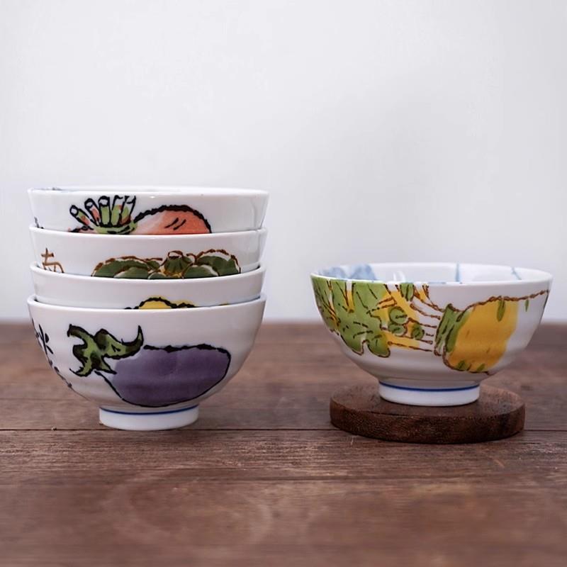 美浓烧日式餐具创意画信蔬语4.5英寸饭碗陶瓷套装家用礼盒装小号