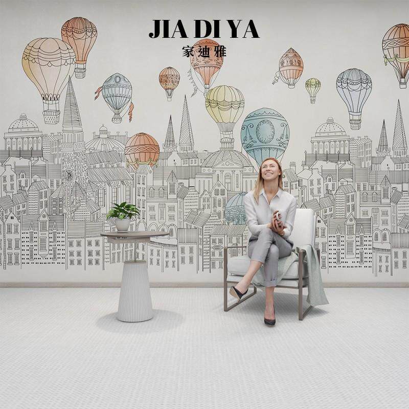 卡通城市建筑热气球装饰壁画客厅沙发男孩卧室儿童房定制墙布壁纸