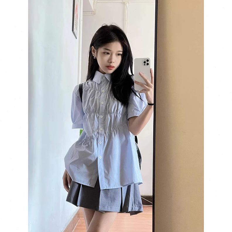 蓝色小个子日系甜美衬衣褶皱衬衫套装女夏jk学院风百褶裙两件套季