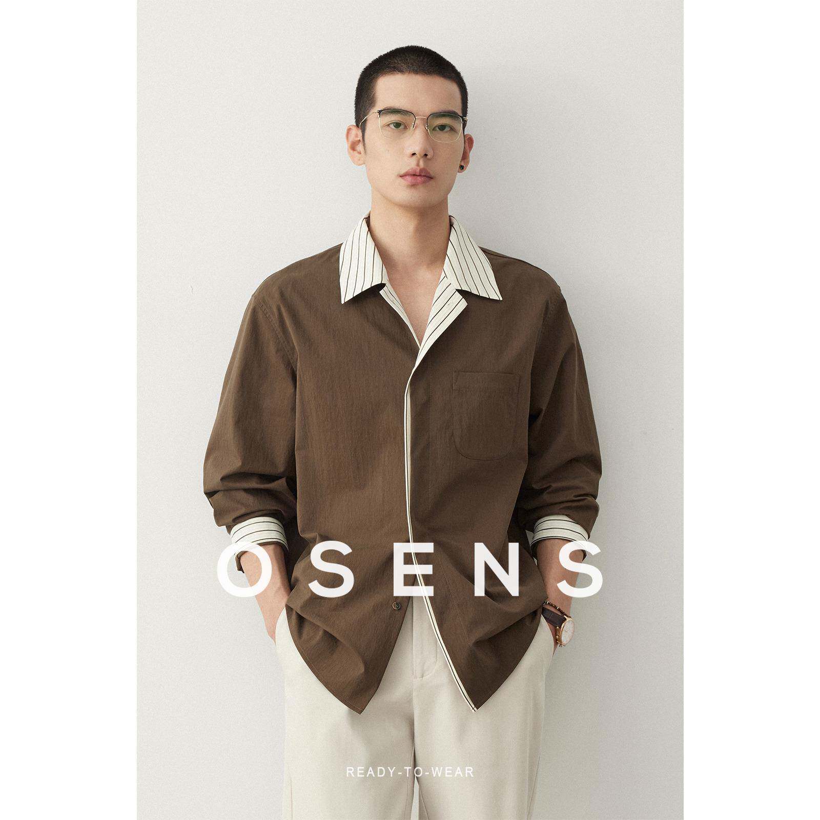 OSENS弹力斜纹棉锦假两件撞色衬衣商务休闲古巴领长袖衬衫男春秋