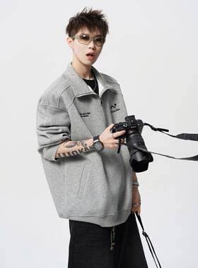 美V-P03129领式潮牌刺绣男POLO衫秋高街复古半链拉立外套宽松运动