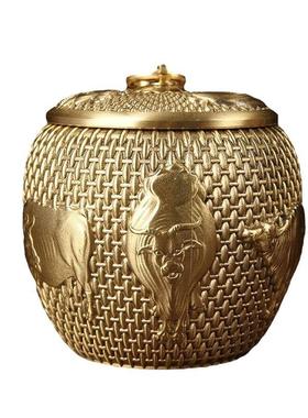 纯黄铜五牛茶叶罐铜本色做旧款铜器商务礼品茶道工艺品黄铜摆