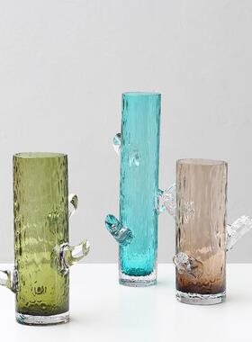 北欧简约直筒树杈玻璃花瓶现代透明客厅家用干花插花餐桌摆设