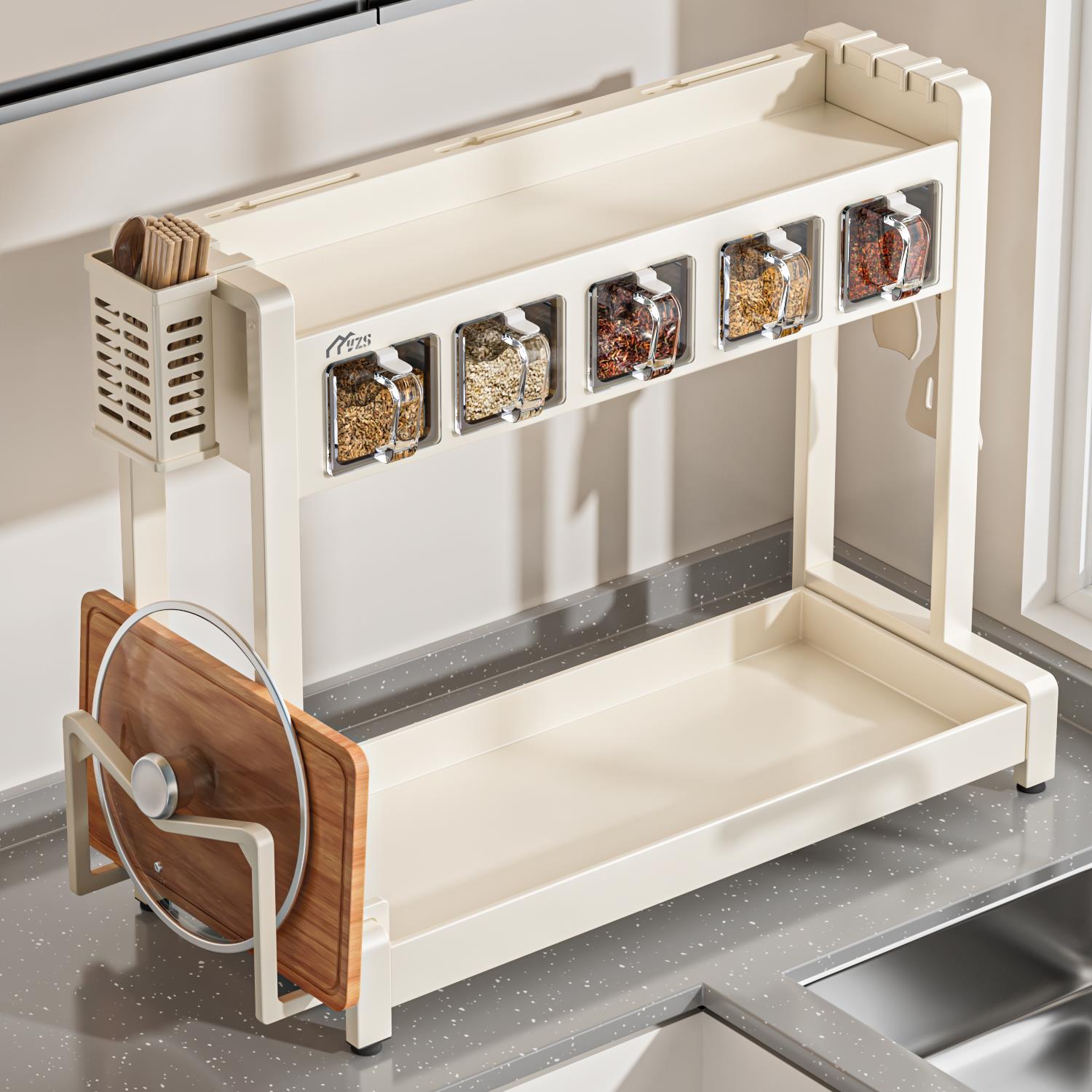 奶白厨房调料置物架盐调味品盒罐多功能刀架家用台面多层收纳层架