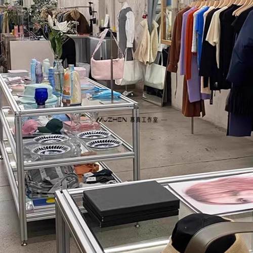 铝型材服装店流水台陈列展示置物架工业风买手店多层玻璃鞋包货架