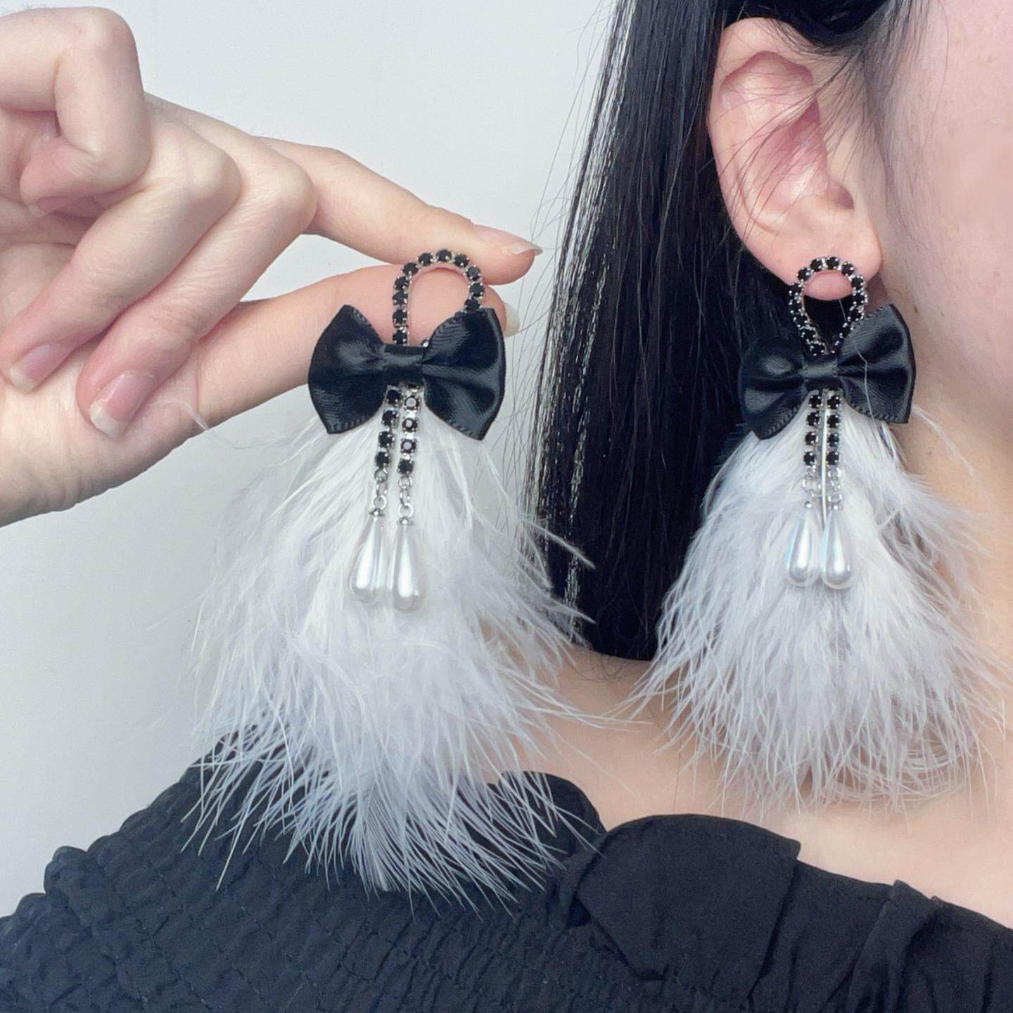 仙女风羽毛镶钻蝴蝶结珍珠流苏耳环超仙甜美感优雅气质耳饰女