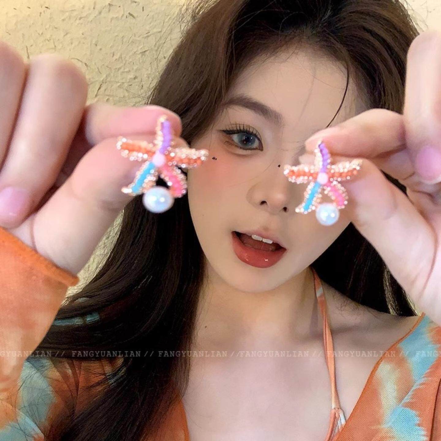 多巴胺彩色海星耳钉夏天小众高级感仿珍珠耳环海边度假风甜美耳饰