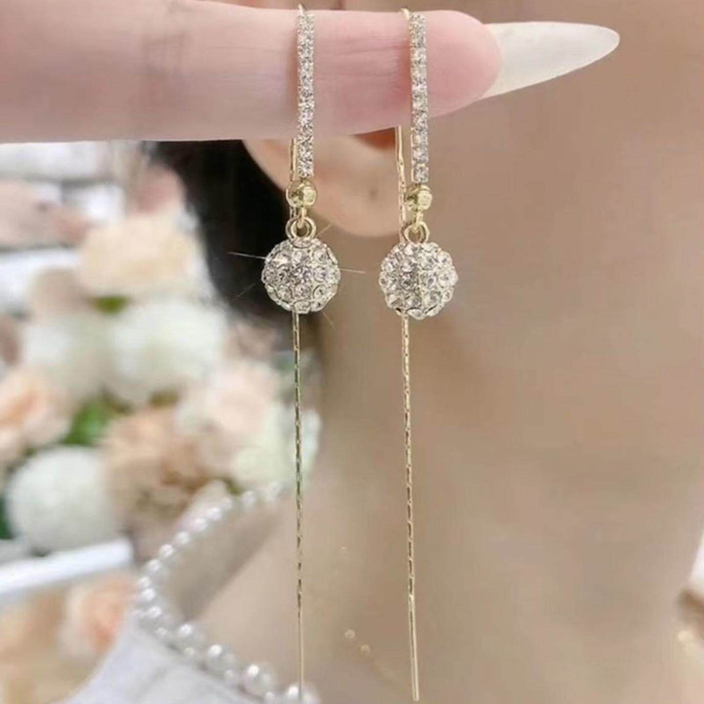 同款超闪镶钻球球耳线女个性冷淡风长款耳环高级感轻奢耳饰潮