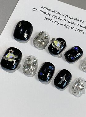 纯手工儿童穿戴甲女童纯手工黑色甜酷星球辣妹暗黑成品美甲小众仙