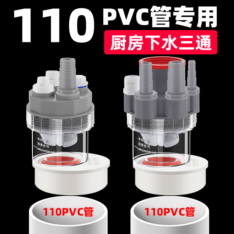 110PVC管下水三头通接头厨房水槽净水器前置排水管道四通防臭神器