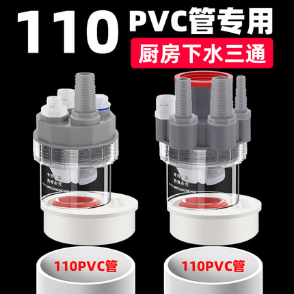 110PVC管下水三头通接头厨房水槽净水器前置排水管道四通防臭神器