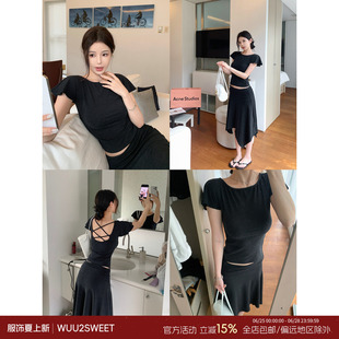 吴太甜 小飞袖设计短袖T恤女修身显瘦交叉露背不规则半身裙套装