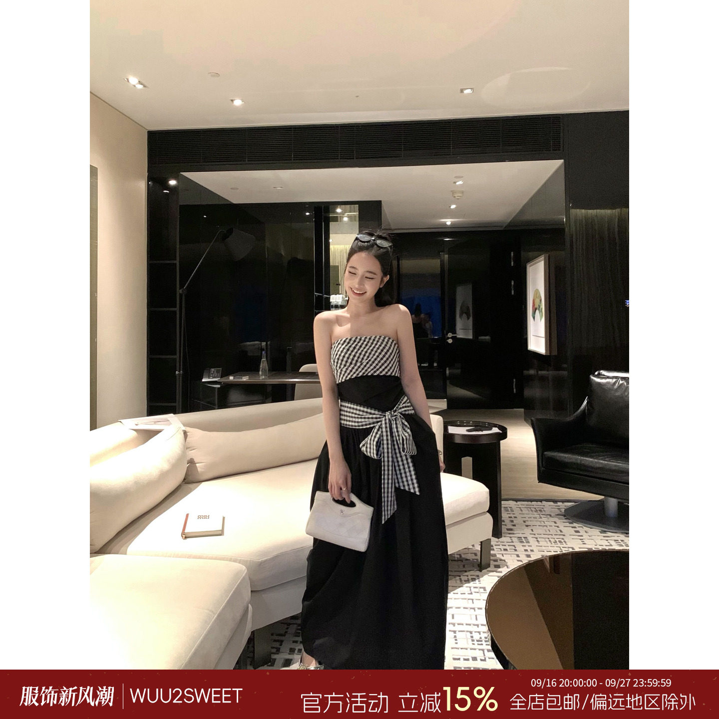 吴太甜格纹蝴蝶结抹胸连衣裙图片