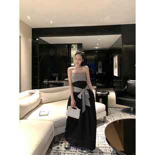 吴太甜 格纹拼接蝴蝶结抹胸连衣裙女气质收腰阔摆A字花苞长裙子