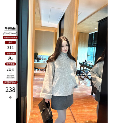 NEW 10/7 20:00~吴太甜 羊毛混纺两穿斜襟可立领青果领毛呢短外套