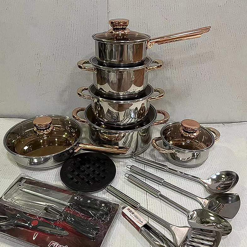 外贸不锈钢锅具套装35PCS套锅复底煎锅奶锅汤锅炊具组合23PCS