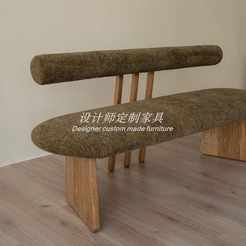 新款中古风实木餐厅长餐椅设计师家用布艺双三人靠背长椅餐桌长凳