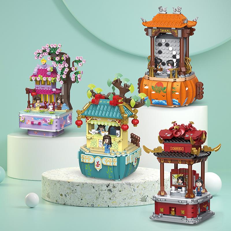 迪库89001-4古风街景系列清心阁模型摆件收纳盒拼装积木儿童玩具