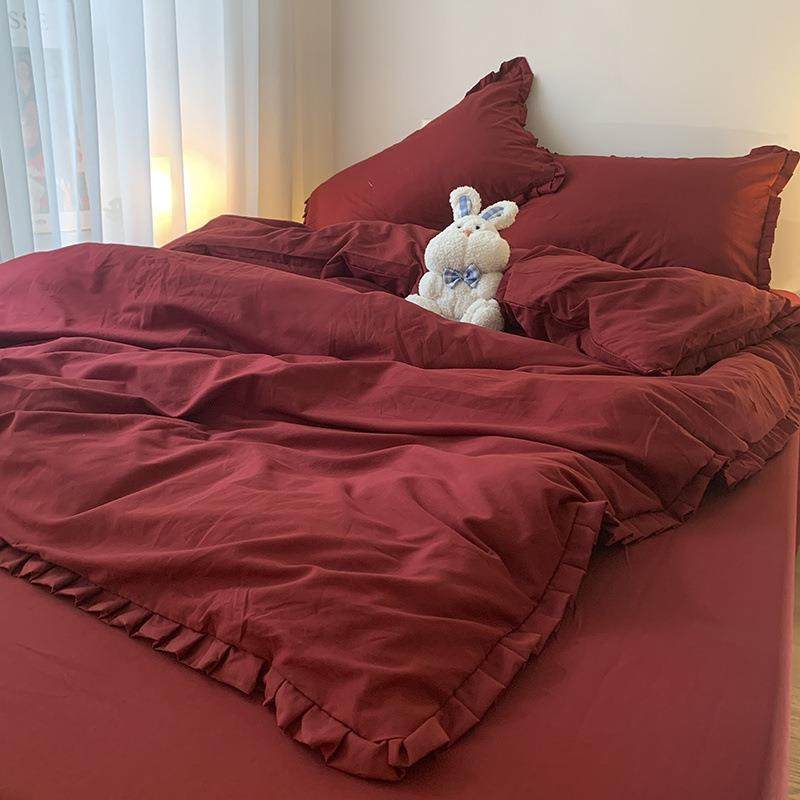 中式风复古红床单床裙床上花边四件套纯色简约学生宿舍被套三