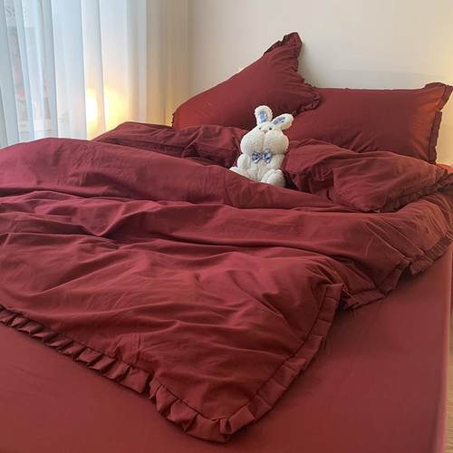 中式风复古红床单床裙床上花边四件套纯色简约学生宿舍被套三