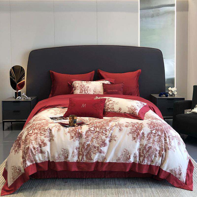 100S长绒棉数码印花婚庆四件套全棉高端结婚大红被套宽边1.8床品