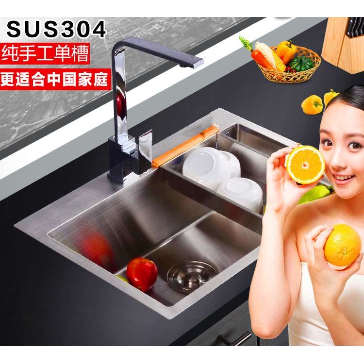 304不锈钢厨房手工盆水槽单槽加厚边厨房手工盆洗菜池台上下单盆