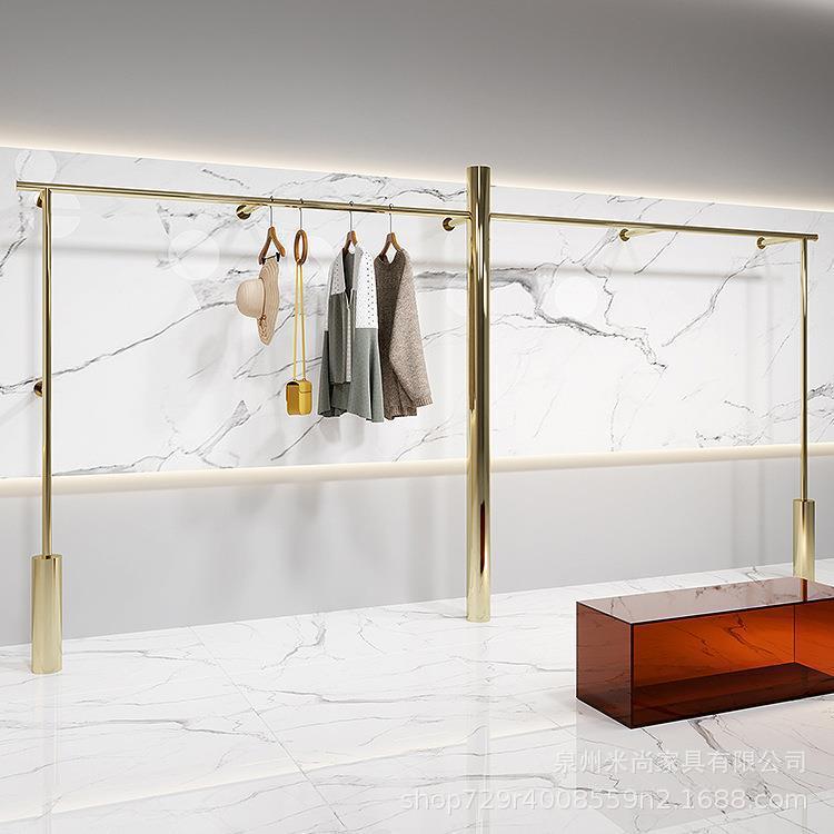 不锈钢镜面钛金圆柱墙面展示架壁挂上墙挂衣杆女装店专用陈列货架