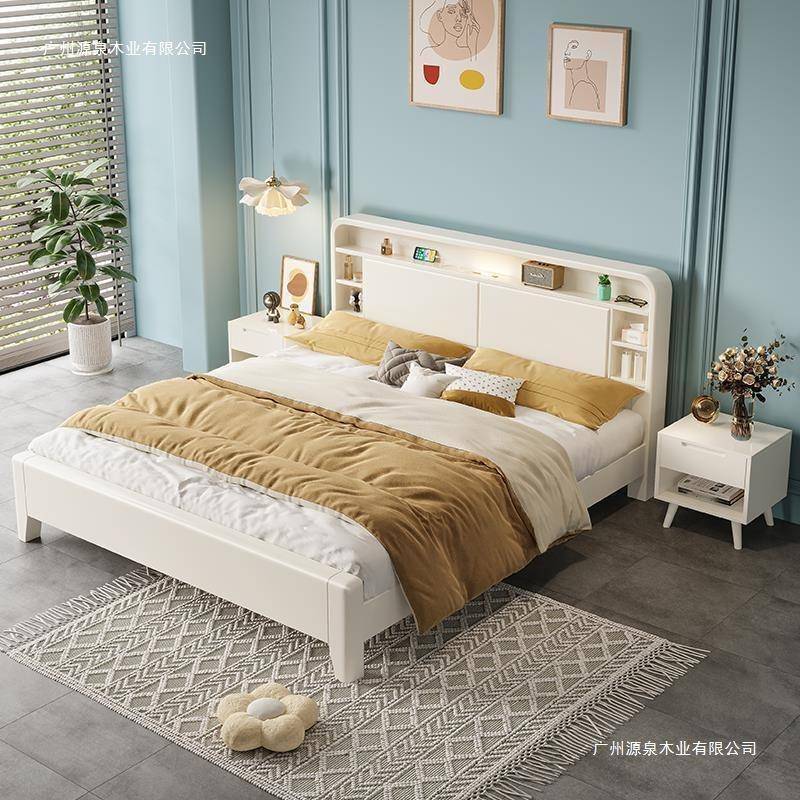 奶油风北欧现代简约白色实木床储物床1.8双人床家用主卧储物床