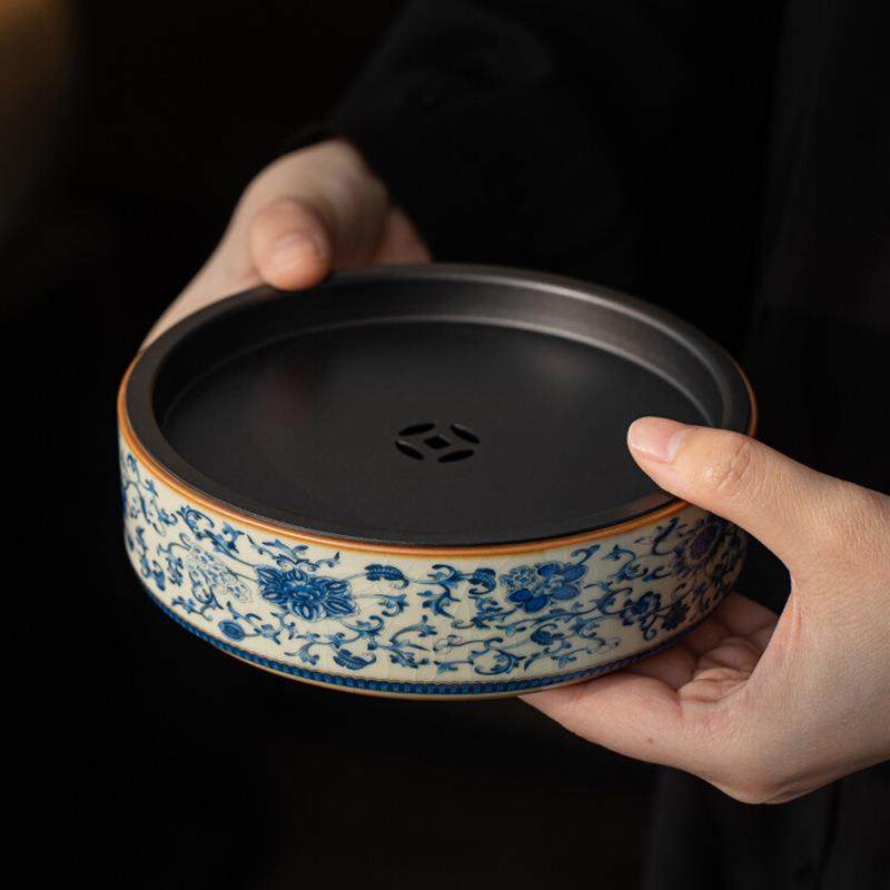 汝窑青花缠枝莲陶瓷壶承中式紫砂壶垫家用储水干泡台托盘茶道零配,电子/电工,接线端子,淘宝优惠券,粉丝福利购,淘宝优惠卷